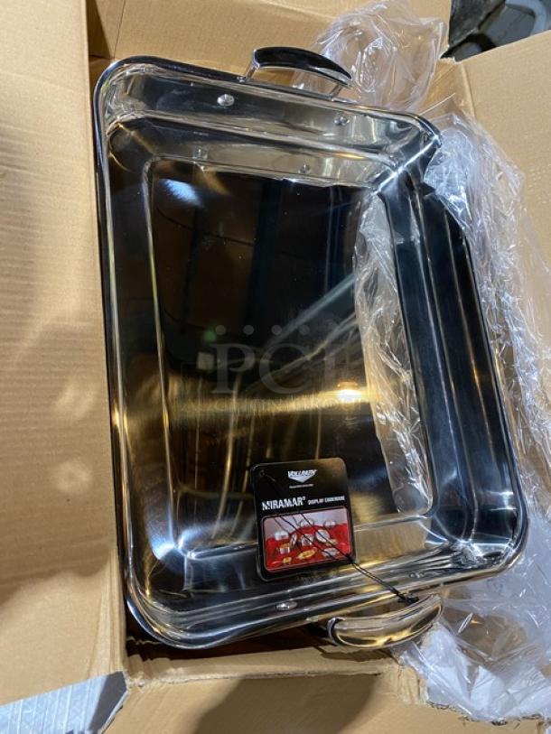 Brand new Vollrath Miramar Series stainless steel 4.6 Qt. rectangular food pan/roasting tray with handles, Model 49433.