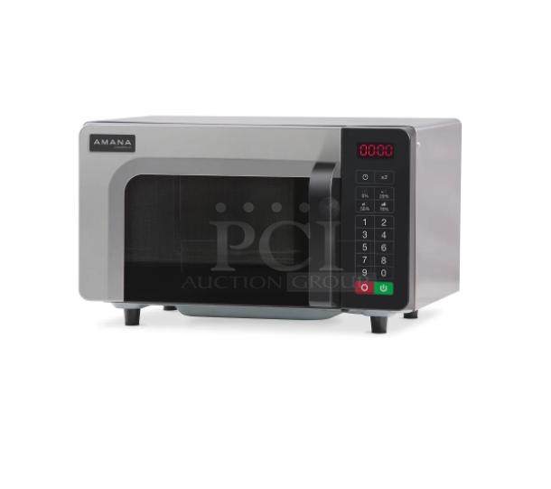Brand new Amana RMS10TSA commercial stainless steel microwave, 1000W, digital controls, 120V, on legs, Model 2024.