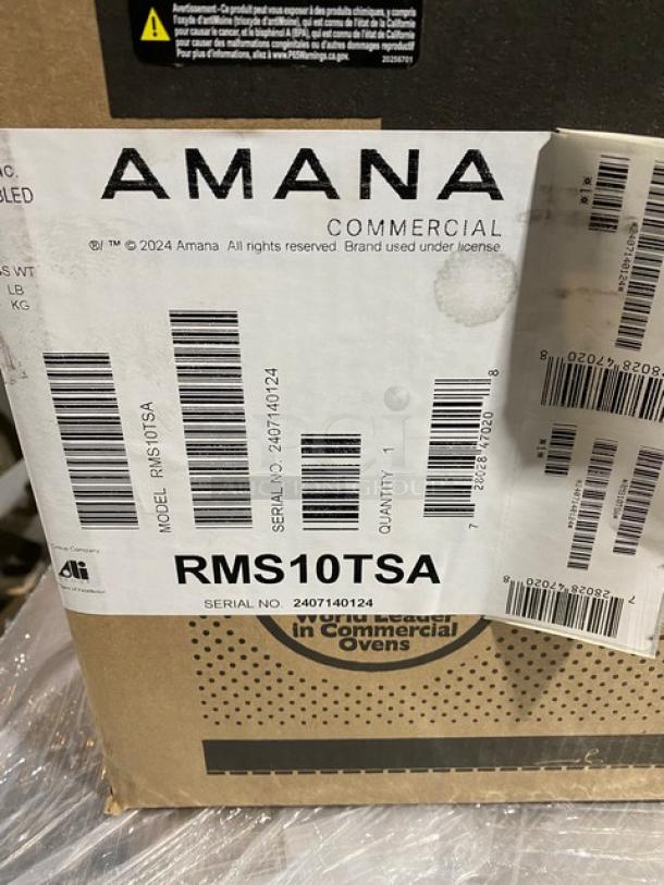 Brand new Amana RMS10TSA stainless steel commercial microwave, 1000W, digital control, model 2024, SN: 2407140124, 120V.