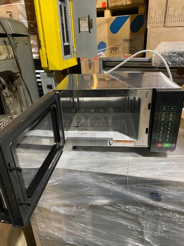 Brand new Amana RMS10TSA stainless steel 1000W commercial microwave, 2024 model, with digital push button controls.