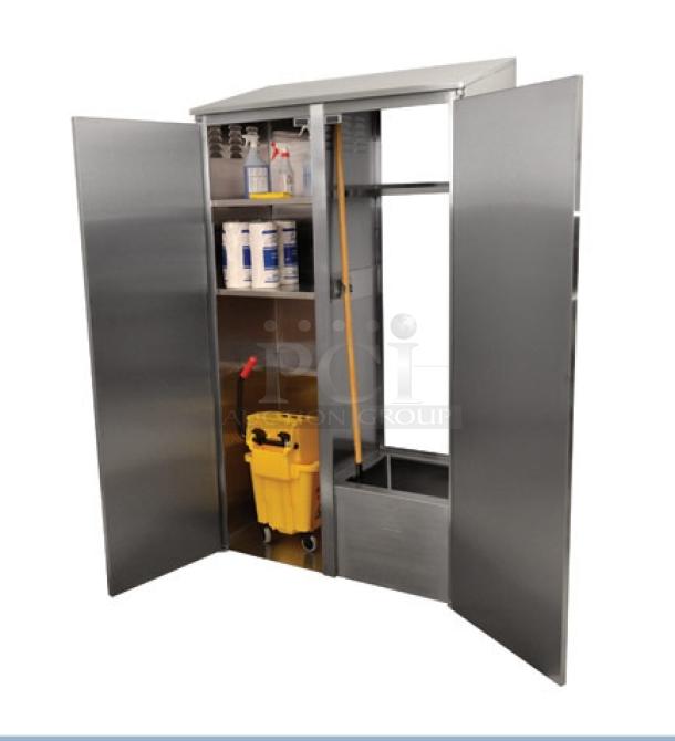 Advance Tabco stainless steel mop sink cabinet, model 9OPC84DR, with mop sink, bucket storage, slotted panels, and shelves. Brand new.