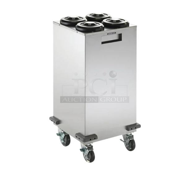 Dispense-Rite stainless steel cup dispensing cart, brand new, 4-section, 2-row, mobile on casters, one-size-fits-most.