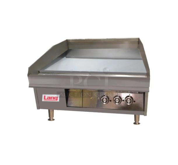 Brand new Lang 2025 Model 9K-148T-480V commercial stainless steel electric countertop griddle, 48", with thermostatic control, back & side splash, on legs.