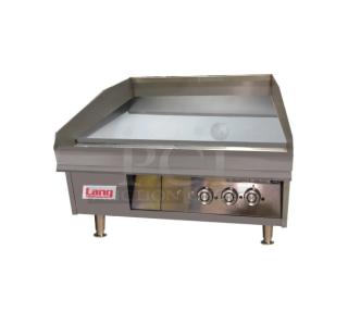Brand new Lang 2025 Model 9K-148T-480V commercial stainless steel electric countertop griddle, 48", with thermostatic control, back & side splash, on legs.