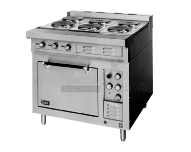 Lang commercial stainless steel electric 6-burner French plate range with single deck oven, model RT36E480V/9NDO36L480V, brand new.