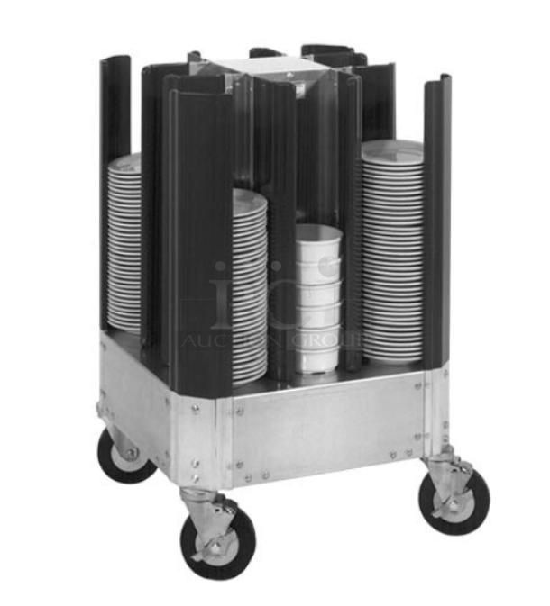 Cres Cor stainless steel dish dolly, model 501-10-240, poker chip style, accommodates 9-7/8"–11" plates, on casters.