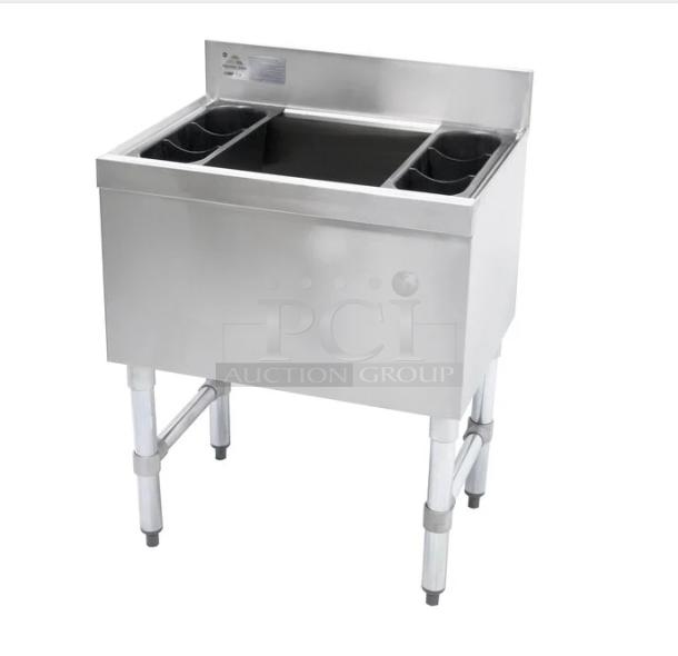 Advance Tabco stainless steel underbar ice bin with 7-circuit cold plate, model SLI-12-24-7-X, features 4" backsplash and legs.