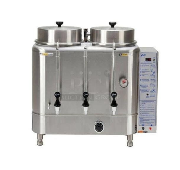 Brand new Wilbur Curtis URN-300-12 twin 3-Gal stainless steel coffee urn. Electric, 220V, on legs, model URN30012.