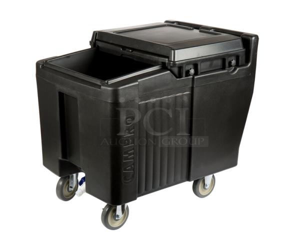 Brand new Cambro ICS125L110 black mobile ice bin with sliding lid, 125 lb capacity, on casters.