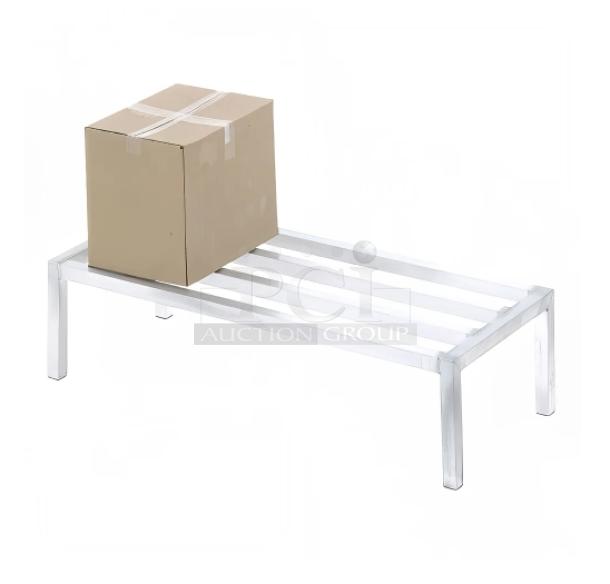 Brand new Channel ADE2460 aluminum dunnage rack, 60"x24", 2,000 lb. capacity, on legs, with box on top.