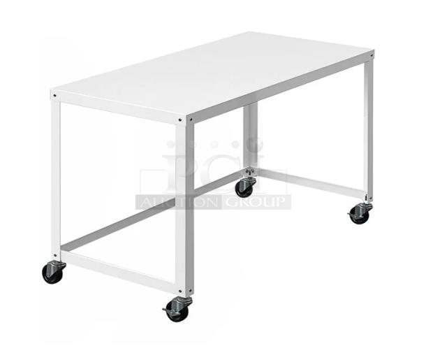 Hirsh Industries commercial white worktop table with open base. Features casters for mobility. Scratch-n-dent condition.