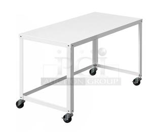 Hirsh Industries commercial white worktop table with open base. Features casters for mobility. Scratch-n-dent condition.