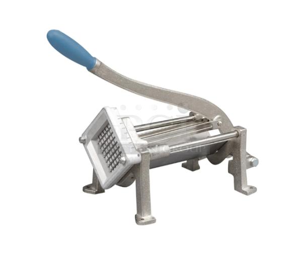 Brand new Vollrath 47713 commercial cast iron 3/8" French fry cutter on legs with a blue handle grip.