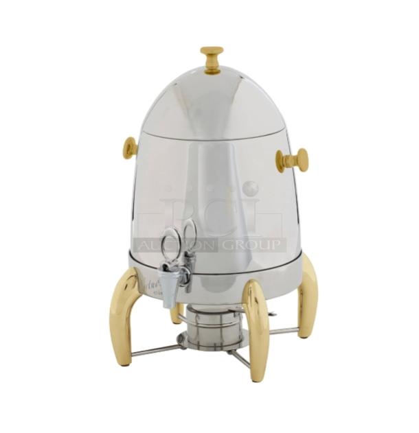 Brand new Winco Virtuoso Series 3 Gal. Coffee Chafer Urn, stainless steel with gold legs, model 903A, includes fuel holder base.