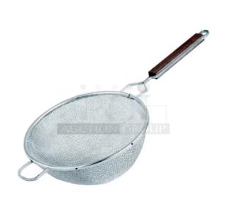 Adcraft Deluxe 10" Double Mesh Strainer, Model DSM-10, new condition. Features wooden handle, fine mesh for straining.
