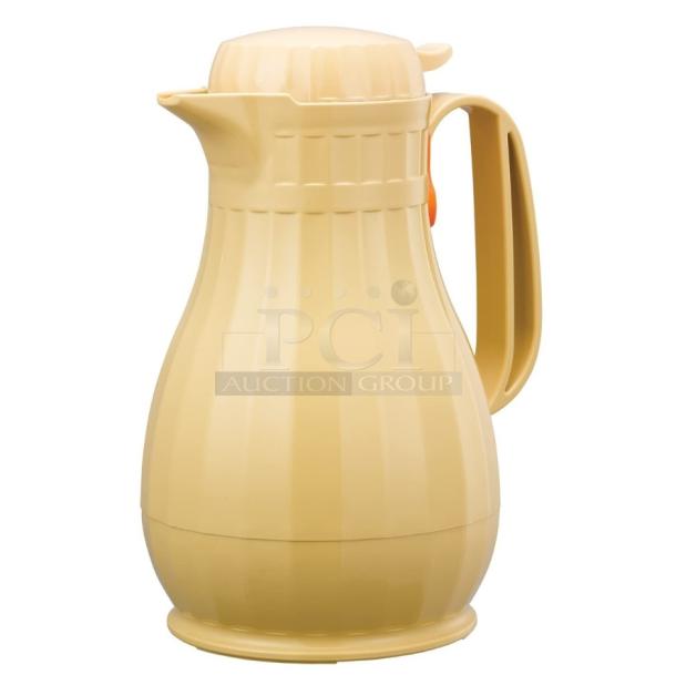NEW Service Ideas insulated ABS plastic coffee carafe with push button lid. Beige, new condition, ergonomic handle.