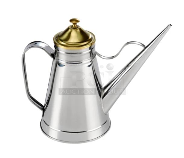 Adcraft OC-24 stainless steel oil can, brand new, with a sleek design and gold-tone lid, in box.