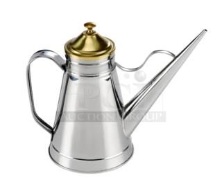 Adcraft OC-24 stainless steel oil can, brand new, with a sleek design and gold-tone lid, in box.