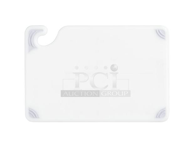 San Jamar Saf-T-Grip white cutting board, rectangular, brand new, with yellow & green anti-slip grips, commercial use.