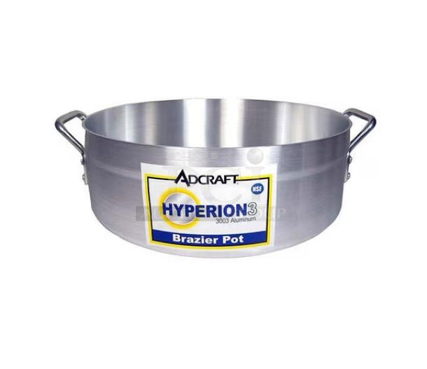Brand new Adcraft Hyperion 3 Series 28 Qt. aluminum brazier pot with handles, model H3-BR28, label displays brand and capacity.