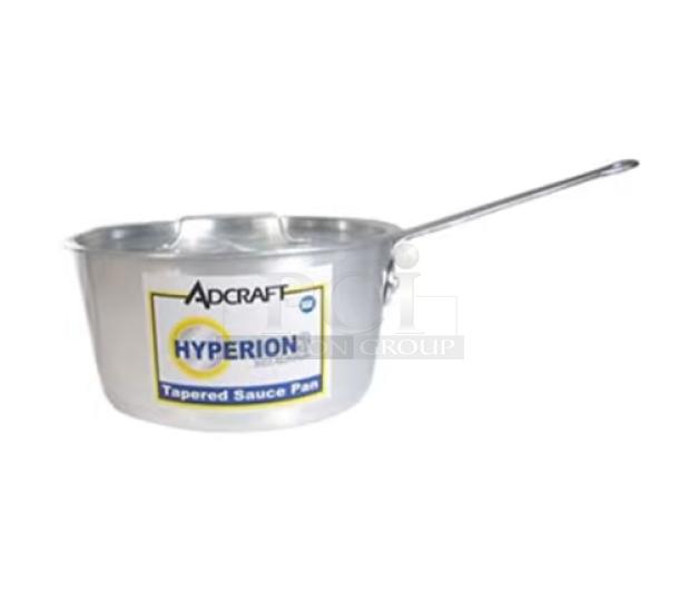 NEW Adcraft Hyperion 3 Series 4 Qt. Tapered Aluminum Saucepan, Model H3-TSP4, with label indicating make and model.