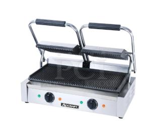 New Adcraft SG-813 dual panini press with cast iron grooved plates, stainless steel body, separate temperature controls, 120V.