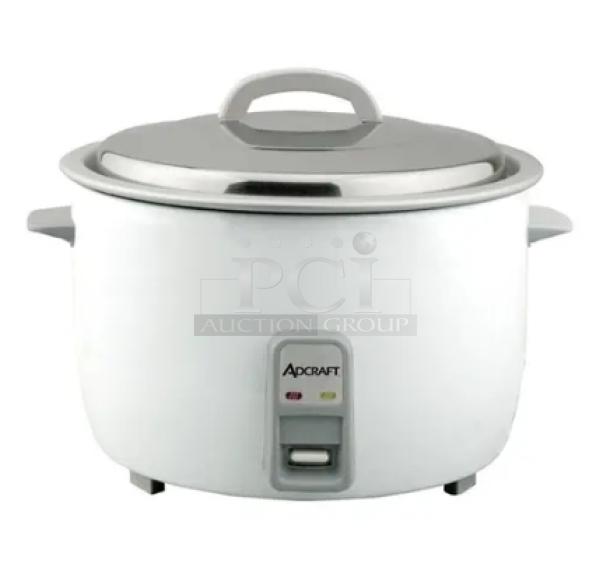BRAND NEW Adcraft countertop rice cooker, 50-cup capacity, stainless steel lid, aluminum interior, 208/240V.