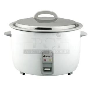 BRAND NEW Adcraft countertop rice cooker, 50-cup capacity, stainless steel lid, aluminum interior, 208/240V.
