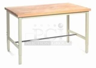 Commercial wooden butcher-block style worktop/prep table, like new, features some scratches and dents, on casters, durable and portable.