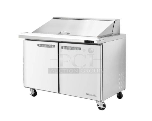 "Blue Air stainless steel 2-door refrigerated prep table, Model BLMT36, with cutting board, food pan, on casters."