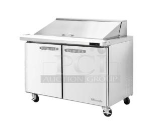 "Blue Air stainless steel 2-door refrigerated prep table, Model BLMT36, with cutting board, food pan, on casters."