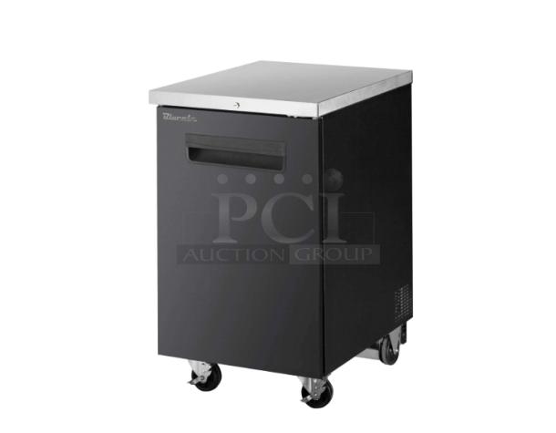 Blue Air BBB23-1B black single door refrigerated bar back cooler, stainless steel top, poly coated rack, on casters.