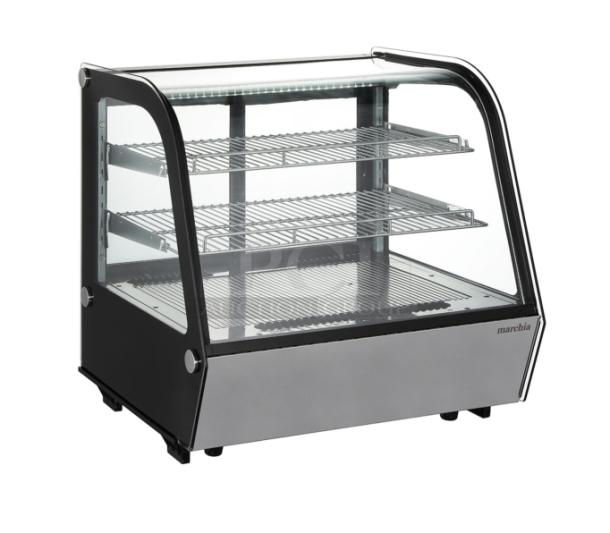 Marchia MDC121 black curved glass 28" refrigerated display case. New condition. Multi-tier, ideal for bakery items.