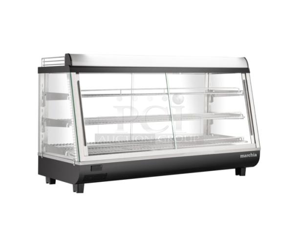 Brand new Marchia 48" stainless steel heated display case, Model MHCC186, with slanted glass, sliding doors, and thermostatic control.