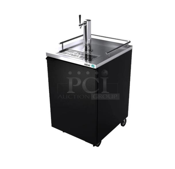 Brand new Asber ADDC-23 black single door kegerator, 24", with stainless steel worktop and drip tray.