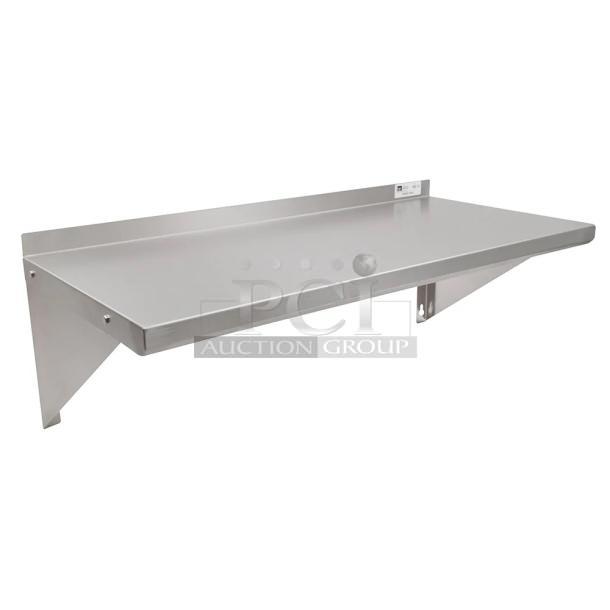 BRAND NEW John Boos stainless steel 60" x 16" wall-mount shelf, model EWS81660, with safety stallion front edge, 1.5" backsplash, and support brackets.