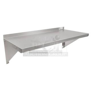 BRAND NEW John Boos stainless steel 60" x 16" wall-mount shelf, model EWS81660, with safety stallion front edge, 1.5" backsplash, and support brackets.