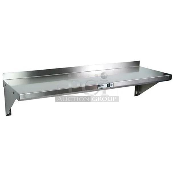 Brand new John Boos stainless steel wall-mount shelf, model EWS8-1260, 60"x12", with 1.5" backsplash and support brackets.