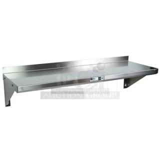 Brand new John Boos stainless steel wall-mount shelf, model EWS8-1260, 60"x12", with 1.5" backsplash and support brackets.