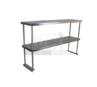 Brand new John Boos stainless steel 60"x12" double economy overhead shelf, model OS-ED-1260, with turned down edge and adjustable lower shelf.