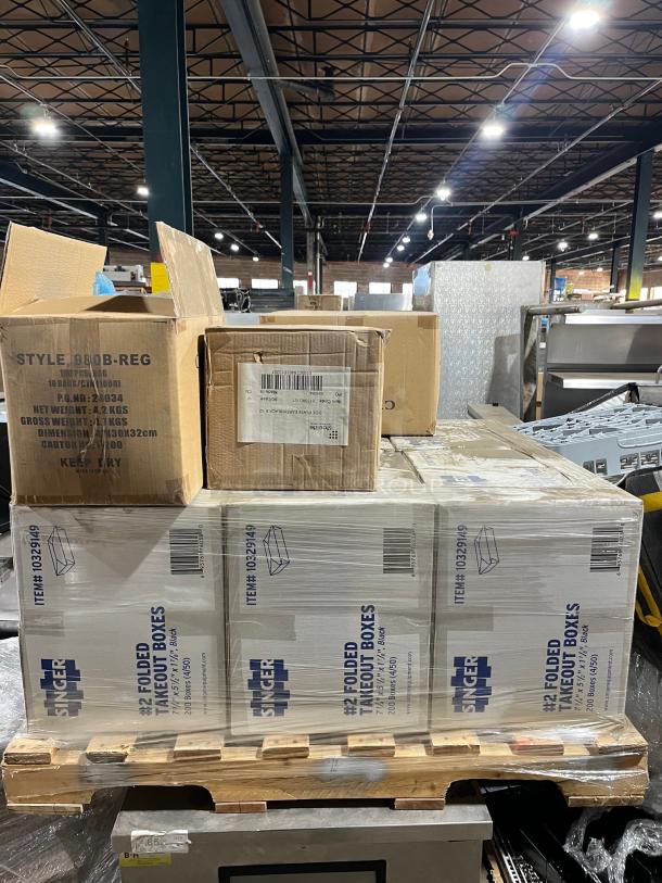Mixed pallet featuring Singer commercial black #2 folded takeout containers, model 10329149. Includes Cellucap Manufacturing blue disposable hoods, model 980B-REG. Brand new, bulk packaging.
