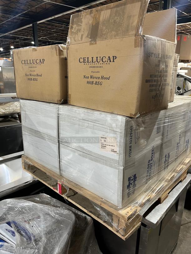 Brand new mixed pallet with Singer take-out containers, Model 10329149, and Cellucap blue hoods, Model 980B-REG.