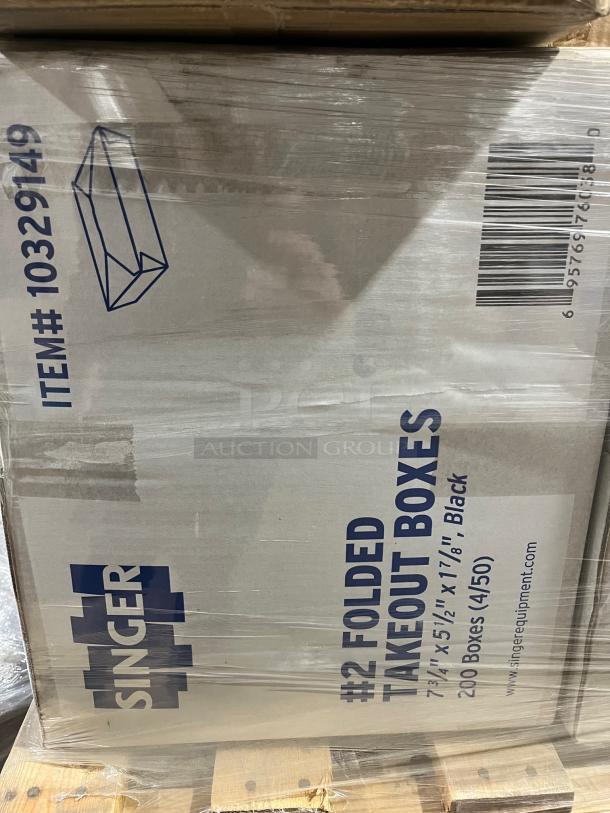 Brand new Singer #2 black take-out containers, model 10329149, 200 per case, shown on a pallet.