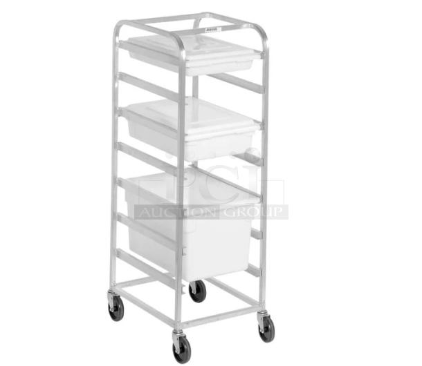 Brand new Channel commercial aluminum 7-box mobile food/bus box rack, model PBA707, on casters.
