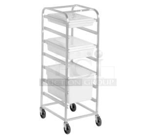 Brand new Channel commercial aluminum 7-box mobile food/bus box rack, model PBA707, on casters.