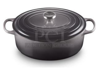 Brand new Le Creuset 6.75 Qt. Oval Dutch Oven in Oyster. Enameled cast iron, stainless steel knob, side handles.