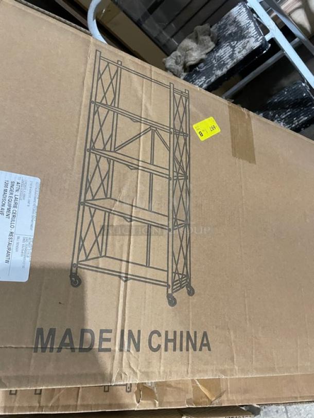 Brand new metal 5-tier folding display/storage rack on casters. Box labeled "Made in China."