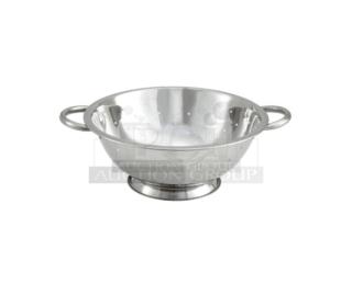 Brand new ABC commercial stainless steel perforated colander with handles, shiny finish, ideal for kitchen use.