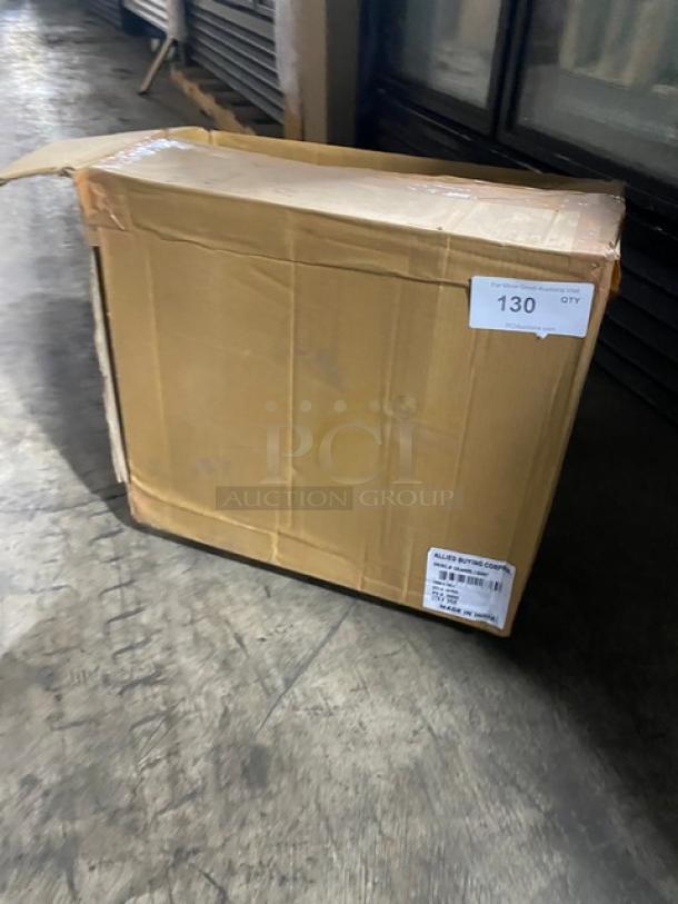 Cardboard box labeled with "130 QTY," containing ABC Commercial Stainless Steel Perforated Colander with Handles, brand new.