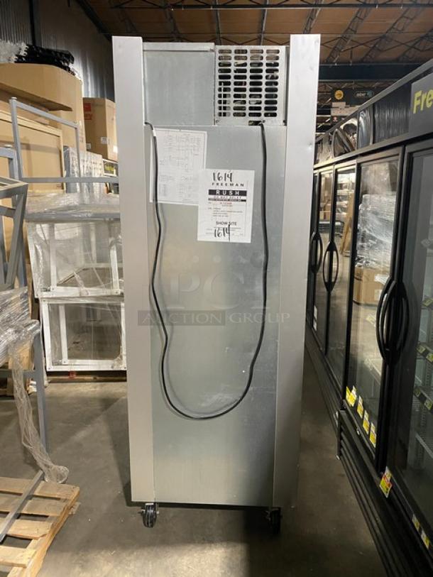 Traulsen G-Series stainless steel single door refrigerator, model G10010, used condition, Energy Star certified, on casters.